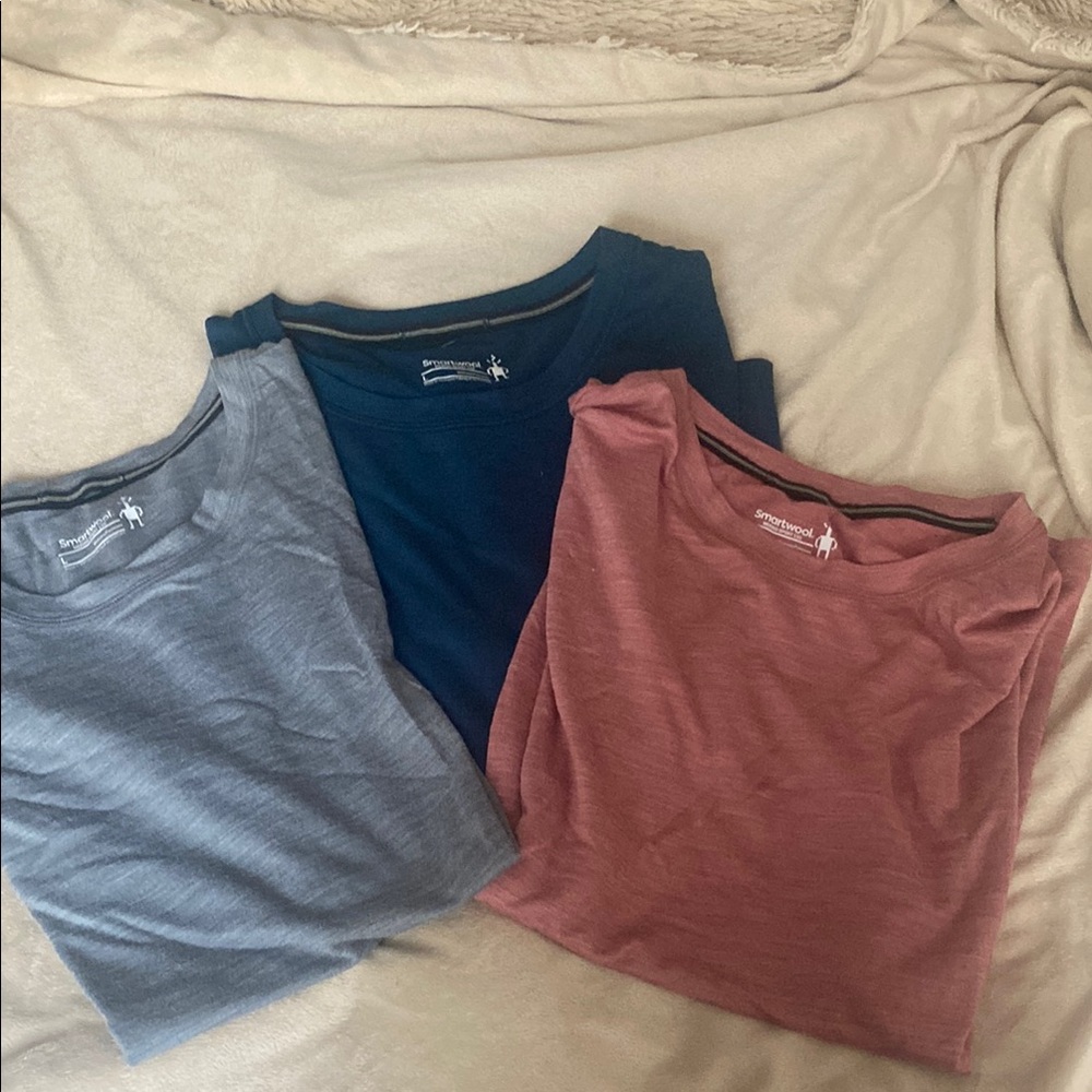 Set of Three Smartwool T-Shirts in Blue, Gray, and Pink women’s size large